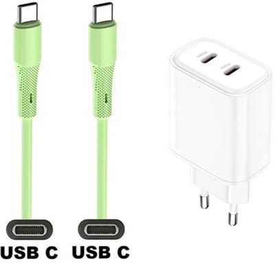 35W super snellader met 2 poorten USB C en USB C + 1,0m USB C naar C kabel. Universele PD lader. Oplader adapter past op Samsung Galaxy Z Fold, F42, M10s, M11, M15, M1, Flip, M22, M23, M55s, M05, M53, M62, Quantum