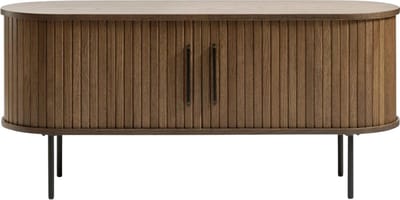 Olivine Lenn TV Meubel Gerookt Eiken - Hout - met Schuifdeuren - TV kast - Verstelbare Planken - Ovaal - Japandi - Donkerbruin - 120 x 40 x 56 cm