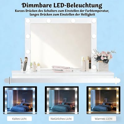 STILVORA Kaptafel - Met Dimbare Ledspiegel En Stopcontacten - Met 7 Laden Voor Slaapkamer Of Kleedruimte - Wit - 110x39,5x140,5 Cm