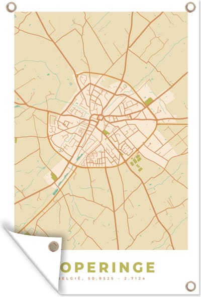 Muurdecoratie Vintage - Kaart - Plattegrond - Poperinge - Stadskaart - 120x180 cm - Tuinposter - Tuindoek