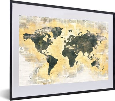Poster in lijst - Fotolijst 60x40 cm - Posters - Wereldkaart - Krant - Goud - Posterlijst zwart - Decoratie - Wanddecoratie woonkamer - Muurdecoratie slaapkamer
