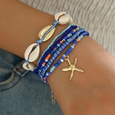 Sorprese Armband - Starfish - Blauw - Armband Dames - 7-Delig - Schelpjes - Elastisch - Model J