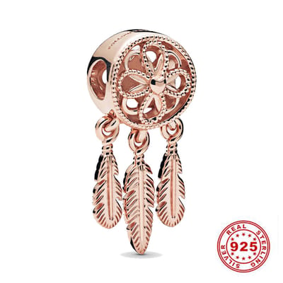Fler® | Rose Goud Bedels | hart & 3 veren| Dream catcher charm | 925 Sterling Zilver | Zirkonia | Valentijnsdag cadeau | Past op populaire bedel armbanden | armbandbedel | Valentijnsdag Cadeau | Sinterklaas kado | Kerstcadeau | Vriendschap