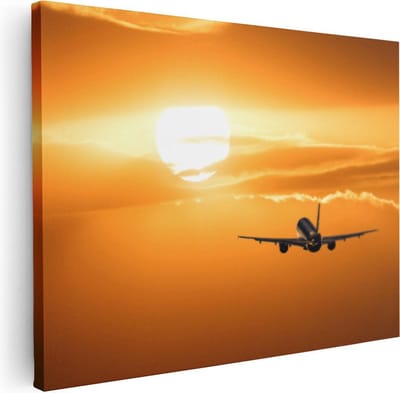 Artaza Canvas Schilderij Zonsondergang - 40x30 cm - Klein - Wanddecoratie Vliegtuig - Muurdecoratie Zon - Kamer Accessoires