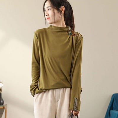 Dubbelzijdige fluwelen bedrukte tops met een literaire retro Chinese stijl patchbasis T-shirt met lange mouwen Dun fluwelen shirt 3XL brown