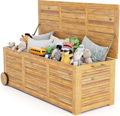 KOMFOTTEU Tuinbox van acaciahout, 182 liter, opbergbox met wieltjes, opbergbox incl. binnenvak, tuinkist, kussenbox voor buiten en binnen, 127 x 50 x 45 cm