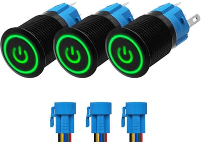 ProRide Drukschakelaar ON-OFF 220V - 16mm Metaal - Waterdicht - LED Groen - Met Kabels - 3 stuks