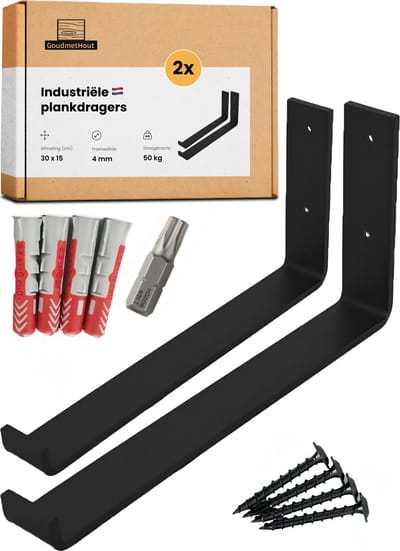 GoudmetHout Industriële Plankdragers L-vorm UP 30 cm - Staal - Mat Zwart - 4 cm x 30 cm x 15 cm - Plankendrager