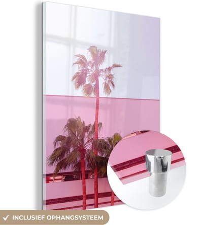MuchoWow® Glasschilderij 30x40 cm - Schilderij acrylglas - Palm - Tuinposter - Roze - Foto op glas - Schilderijen