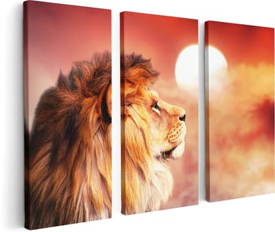 Artaza Canvas Schilderij Drieluik Leeuw - Leeuwenkop - Tijdens Zonsopkomst - 120x80 - Foto Op Canvas - Canvas Print