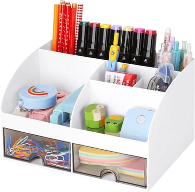 Ynkkvre - Bureau Organizer met 6 Vakken en 2 Laden – 19 x 14 cm – Multifunctionele Office Organizer – Pennenhouder – Make-up Organizer voor Bureau, Badkamer of Kaptafel