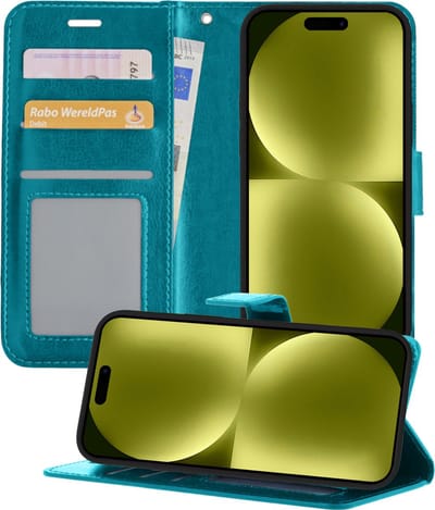 Hoesje - Met Pasjeshouder - Geschikt voor Apple iPhone 15 - Luxe Bookcase Portemonee - Flip Case - Kunstleer Book Case - Flipcase - Book Cover - Walletcase - Portemonneehoes - Telefoonhoesjes - Turquoise