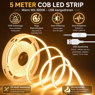 USB LED Strip 5 Meter Warm Wit 3000K - COB LED Verlichting - Zelfklevend plak systeem, Flexibel & Op Maat Knipbaar - Voor TV, Slaapkamer, Keuken en Kast