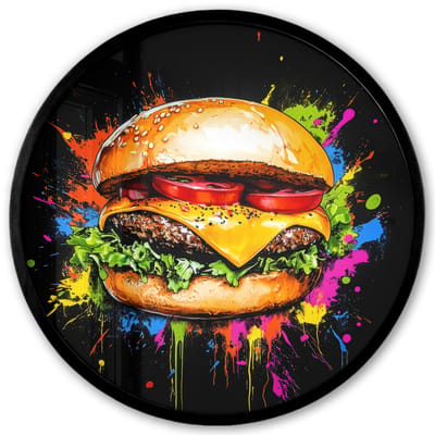 Poster in lijst Rond - Fotolijst 40x40 cm - Posters - Hamburger - Graffiti - Verf - Kleurrijk - Eten - Abstract - Ronde posterlijst zwart - Decoratie - Wanddecoratie woonkamer - Muurdecoratie slaapkamer
