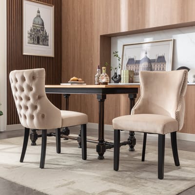 Welltin Eetkamerstoelen - Set van 2 - Eetkamerstoel - Keukenstoel - Eettafelstoel - Stoel - Fluweel - Houten Poten - Scandinavisch design - Beige