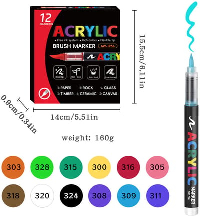 Acrylmarkers - 12 kleuren - inkt op waterbasis en 1-6 mm punt - voor tekenen en graffiti - geschenkdoos