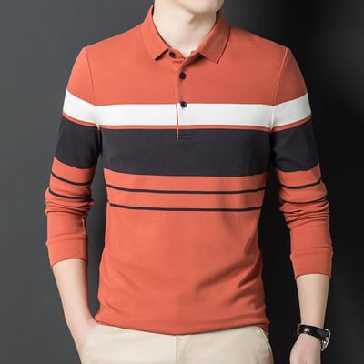 Jonge en Middelbare Leeftijd Casual Herenkleding Strijkvrij T-shirt Lange Mouwen Gestreept Poloshirt Mode Gestreept Top Herfst Revers T-shirt XL brown