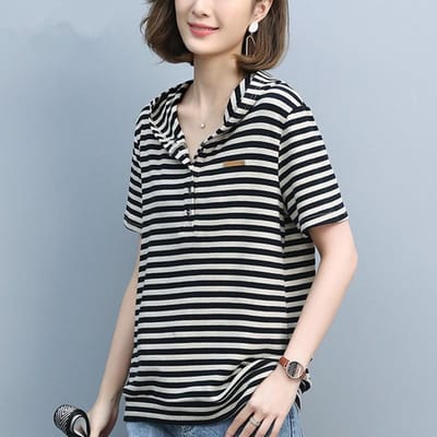 Korte Mouw Gestreept T-shirt Dames Top Nieuwe Koreaanse Stijl Losse Casual Body Shirt met Capuchon 3XL oranje