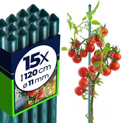KADAX Bloemensteun, van staal, kunststof gecoat, plantenstok, voor het geleiden van klimplanten, weerbestendige plantensteun, tomatenstok, klimhulp met haakjes,120 cm x 11 mm, set van 15 stuks