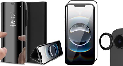 Hoesje geschikt voor iPhone 16e - Screenprotector Volledig Dekkend Glas & Camera - Spiegel Book Case Zwart