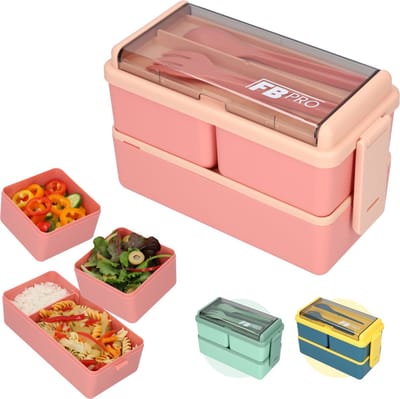 Lunchbox - 1400ml - Met servies en vakjes x3 - Geschikt voor rijst, noodles, groente, vlees en meer! - Voor kinderen en volwassenen - Roze