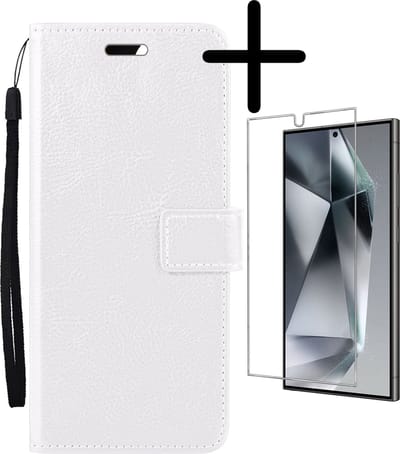 Hoesje Met Screenprotector - Geschikt voor Samsung Galaxy S24 Ultra - Luxe Pasjeshouder - Bookcase Portemonee - Flip Case - Kunstleer Book Case - Flipcase - Book Cover - Walletcase - Portemonneehoes - Wit