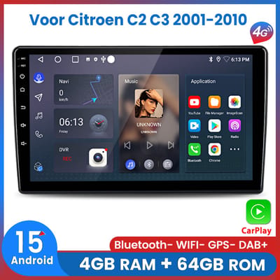 Awesafe 8-Core 4+64GB Autoradio - Geschikt Voor Citroen C2 C3 2001 t/m 2010 - Draadloze Carplay Android Auto - Touchscreen - GPS Navigatie 4G WiFi - Bluetooth Radio - 2001 2002 2003 2004 2005 2006 2007 2008 2009 2010