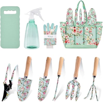 Gloovon® 10-Delige Tuingereedschap Set - RVS Handgereedschap met Tuintas - Inclusief Snoeischaar & Kniekussen - Bloemenprint