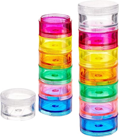 Stapelbare pillendoos (2-pack), pillendoostoren voor 7 dagen per week met compartimenten met draaisluiting, BPA-vrij, reismedicijnhouder en vitaminedispenser, compacte en draagbare koffer, regenboogkleurig