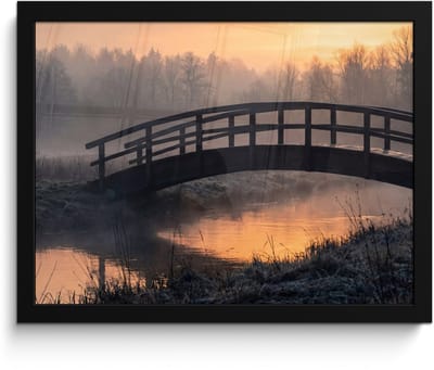 Poster in lijst - Fotolijst 40x30 cm - Posters - Brug - Mist - Bomen - Water - Posterlijst zwart - Decoratie - Wanddecoratie woonkamer - Muurdecoratie slaapkamer