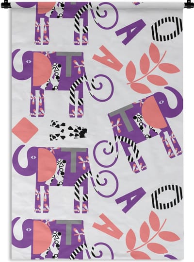Wandkleed - Wanddoek - Olifanten - Bladeren - Paars - Patroon - 60x90 cm - Wandtapijt