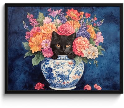 Poster in lijst - Fotolijst 70x50 cm - Posters - Kat - Felgekleurde bloemen - Vaas - Posterlijst zwart - Decoratie - Wanddecoratie woonkamer - Muurdecoratie slaapkamer