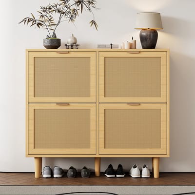 Pugsdrly Schoenenkast met 4 klaplades, schoenenkast van rotan met metalen handgrepen, schoenenrek voor de gang, slaapkamer, appartement, houten meubels, cottage-stijl, afmetingen: 100 x 25 x 90 cm