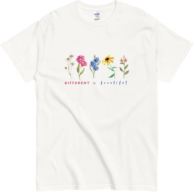 Inspirerend T Shirt Dames en Heren - Wilde Bloemen en Quote: Different is Beautiful - Wit - S