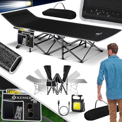 Campingbed Inklapbaar Veldbed Voor Buiten, 190 x 67 x 35 cm, Tot 250 kg Belastbaar, Draagtas en Zijvak Inbegrepen
