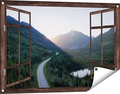 Gards Tuinposter Doorkijk Weg Door het Bergen Landschap - 90x60 cm - Tuindoek - Tuindecoratie - Wanddecoratie buiten - Tuinschilderij