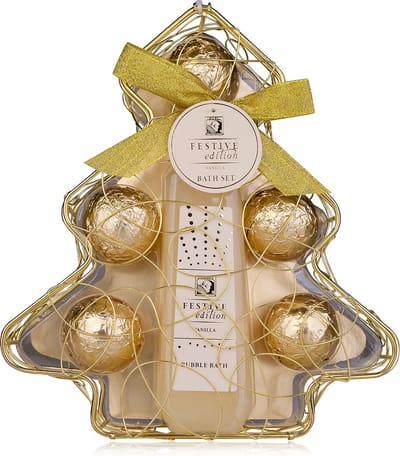 Cadeau voor Vrouwen - Bruisballen Geschenkset Kerstboom Goud - Festive Gold - Kerstboom Verpakking - Geschenkset vrouw, moeder, vriendin, oma, mama, zus - Verjaardag Cadeau Vrouw - Moeder Cadeautje