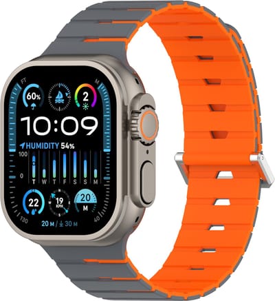 Stravo Piano-stijl Siliconen Horlogebandje met Magneetsluiting – Geschikt voor Apple Watch 42mm (Series 11/10), 41mm (Series 9/8/7), 40mm (Series 6/5/4, SE 1/2/3), 38mm (Series 3/2/1) – Tweekleurig Siliconen Bandje – Grijs / oranje
