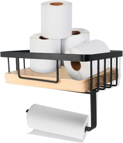 Wandgemonteerde toiletpapierhouder met plank, houten en metalen afwerking, zonder boren, rustieke stijl, 19.5 x 12 cm, zwart, ideaal voor badkamerorganisatie en ruimtebesparing