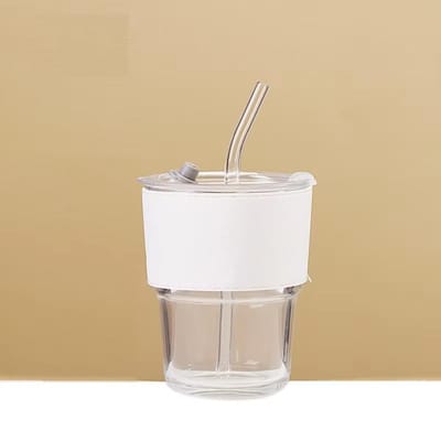 Herbruikbare melktheebeker Koffieglazen beker glazen beker met deksel en rietje 400ml white