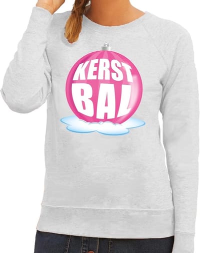 Foute kersttrui kerstbal roze op grijze sweater voor dames - kersttruien XS