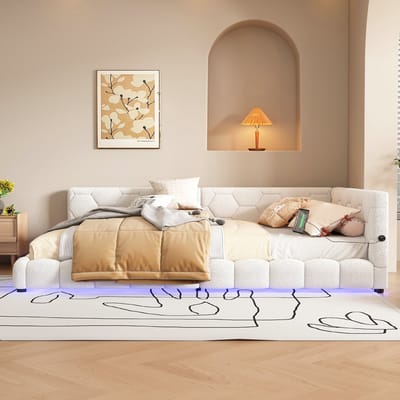 VVBV Slaapbank 140x200 cm met USB-C, Lattenbodem - LED-Verlichting - Wit - Zonder Matras