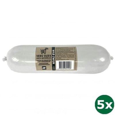 5x900 gr Freds gestoomd vers vlees worst wild zwijn graan en glutenvrij hondenvoer