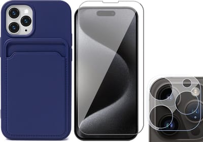 Hoesje Pasjeshouder geschikt voor iPhone 15 Pro - Screenprotector GlassGuard + Camera Lens Screen Protector - Siliconen Case Back Cover Blauw