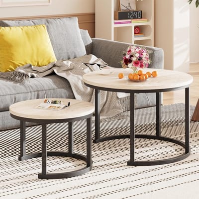 Ronde Salontafel Set van 2 - Houten Bijzettafels voor Woonkamer