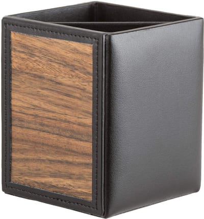 Pennenkoker"William" | Echt hout en leer | Pennenhouder Pennendoosje 10 cm x 8 cm x 8 cm Zwart leer/hout Amazaque
