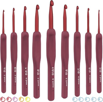 Ergonomische haaknaaldenset met 9 stuks, 2,0 mm - 6,0 mm, rode handgrepen, inclusief metalen markers voor truien, mutsen en sjaals haken