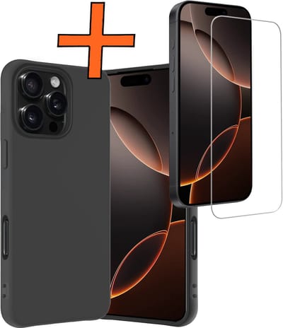 Hoes - Met Screenprotector - Geschikt voor Apple iPhone 16 Pro - Sterk & Shockproof - Back Cover - Siliconen Case - Telefoon Hoes - Zwart