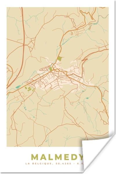 Poster Plattegrond - Kaart - België - Malmedy - Stadskaart - 120x180 cm XXL