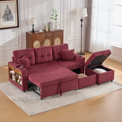 Multifunctionele Corduroy Bank met Opbergruimte en een Uitschuifbaar Bed, Slaapbank, Logeerbank, 3-Zits Bank, Inclusief USB-C-poort, Sfeerverlichting, Bekerhouders, Brede Armleuningen, Modern Design voor Woonkamer en Logeerkamer-Rood